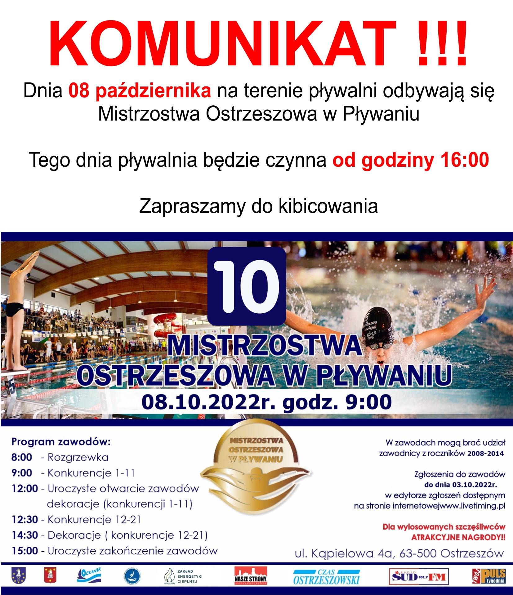 Read more about the article 08 października 2022 – Zawody Pływackie – Pływalnia czynna od 16:00